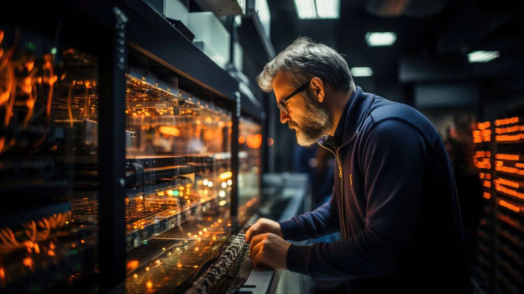 Opérateur travaillant dans un centre de données rempli de baies de serveurs, assurant la maintenance de l'infrastructure informatique.