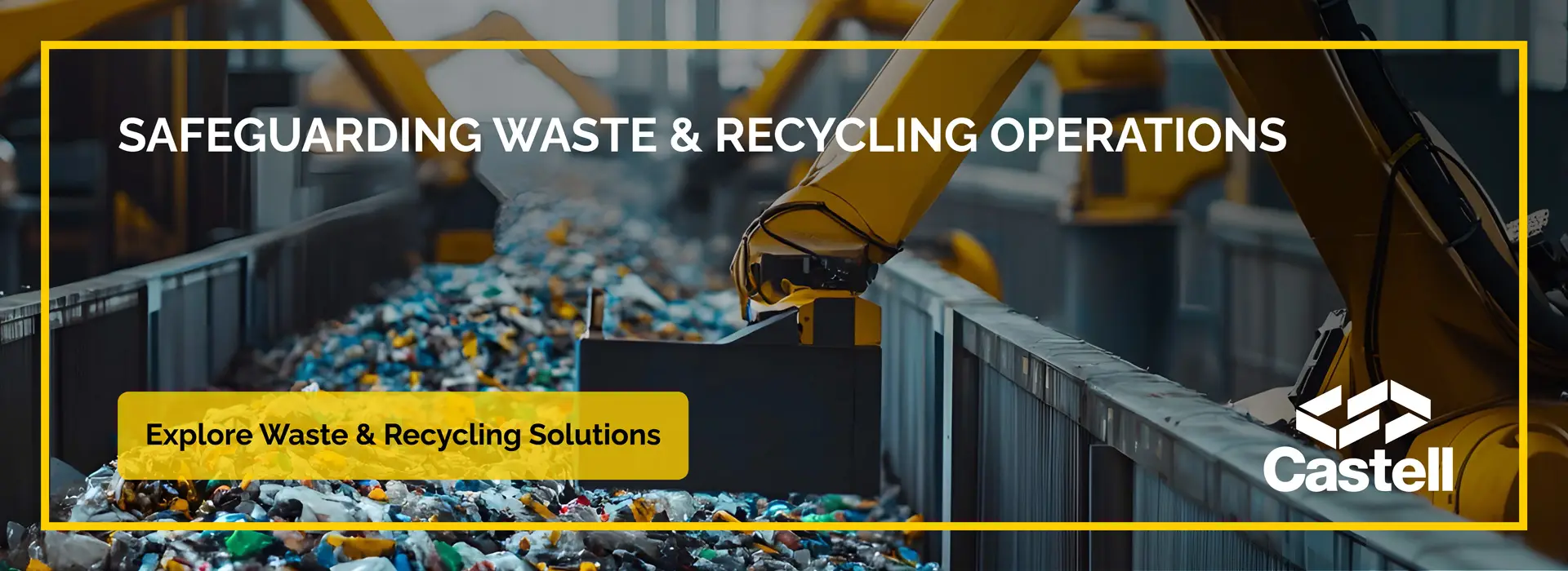 Machinery sorting plastic recycling material in a factory. Safeguarding waste and recycling operations. Explore waste and recycling solutions