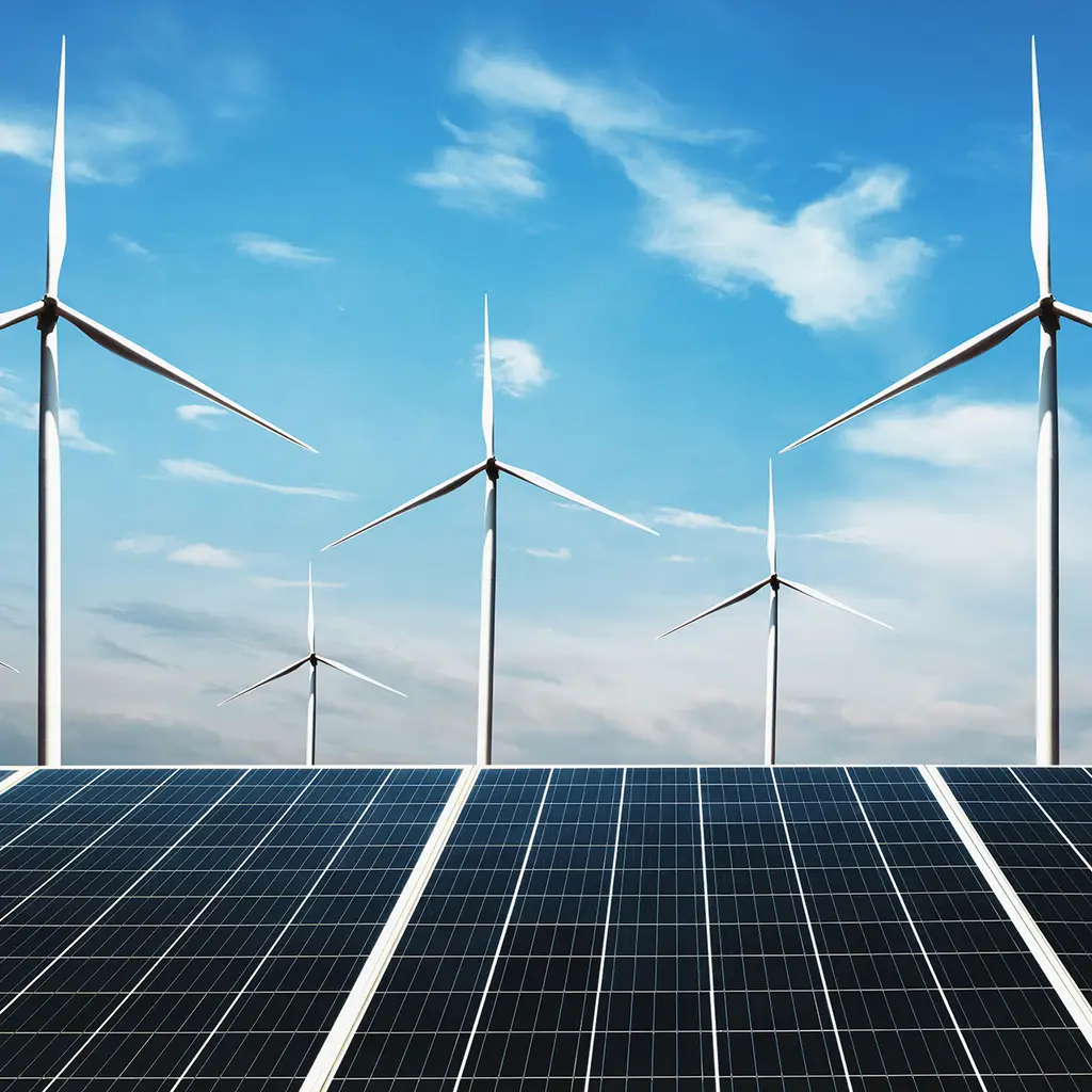 Illustration de l'énergie éolienne renouvelable, présentant la production d'énergies renouvelables durable et propre.