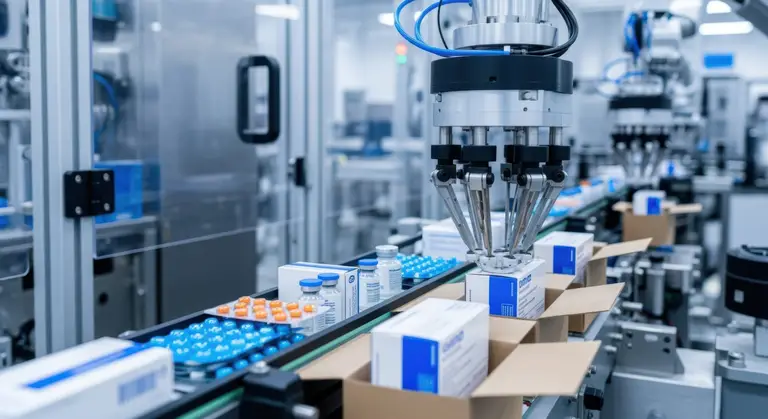 Industrial automation assembling and boxing various pharmaceutical products in factory setting.