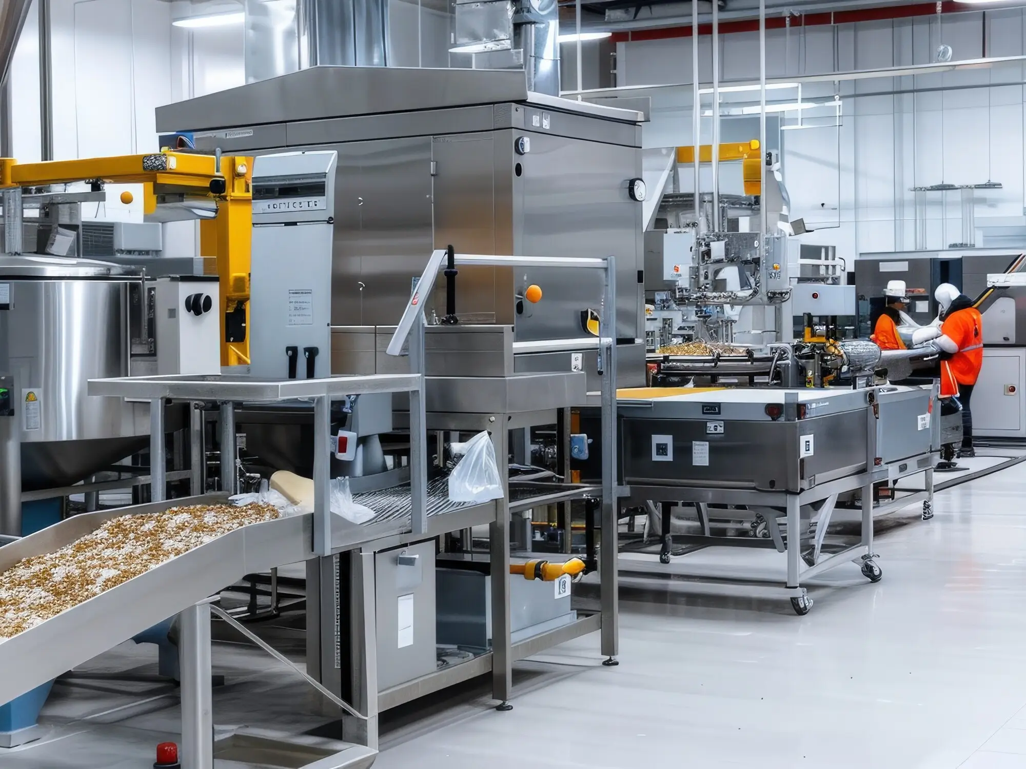 Modern industrial food production facility with machinery and workers
