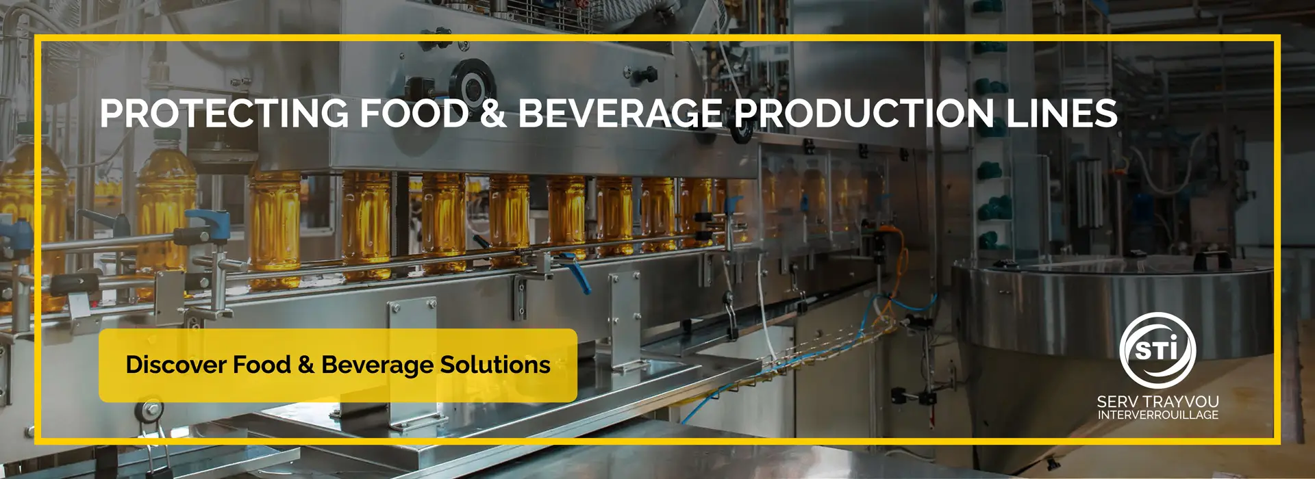 Bottles being processed along a food and beverage production line. Protecting food and beverage lines. Discover food and beverage solutions