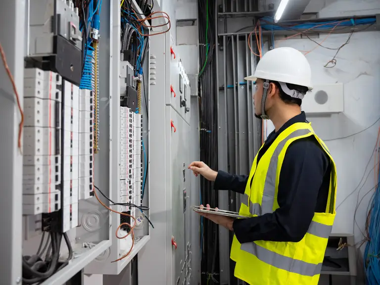 Operator performing maintenance on a switchgear panel