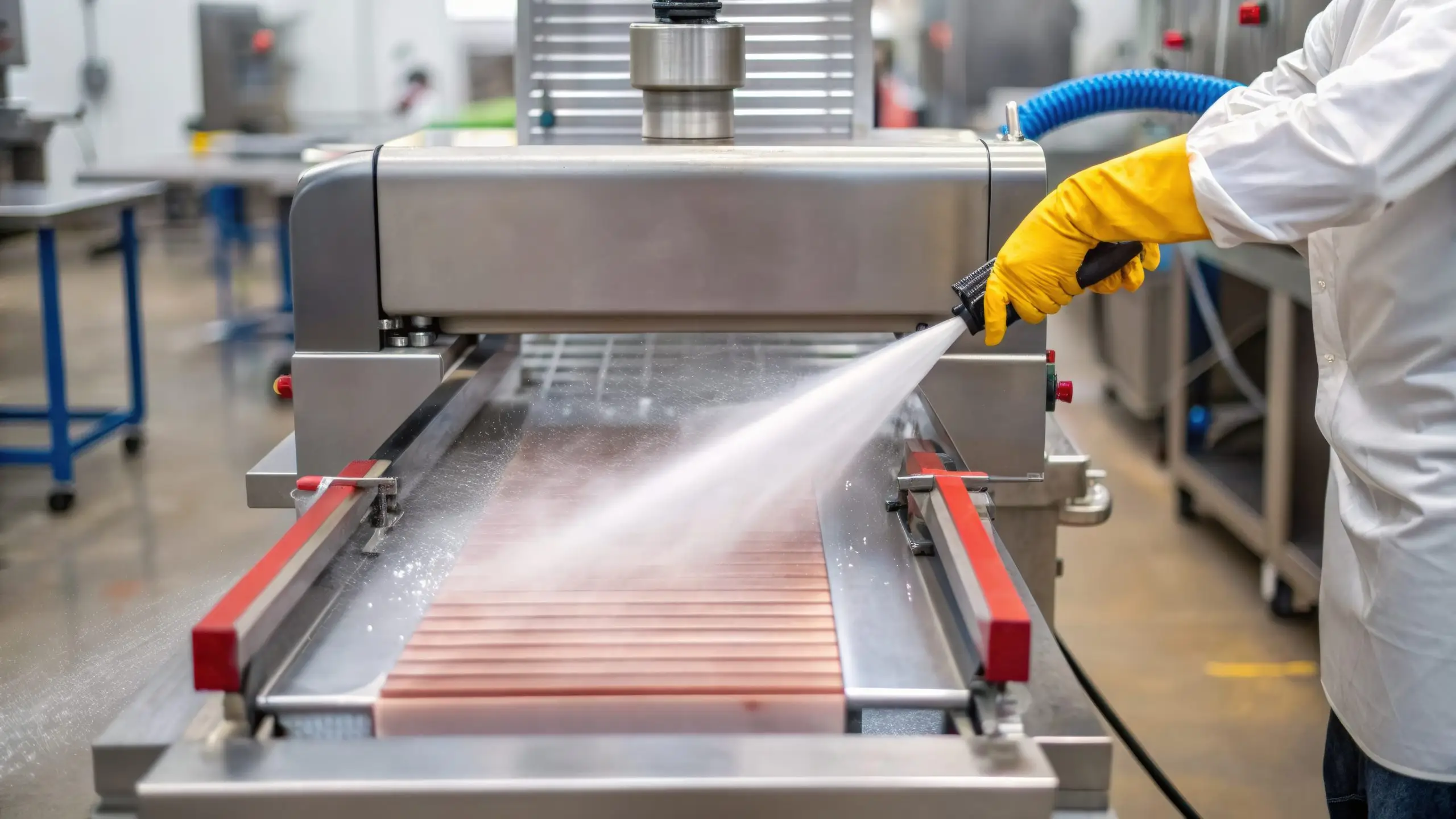 Meat processing. Industrial equipment being cleaned with a high-pressure sprayer in a food processing facility.