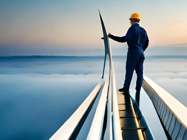 Opérateur au sommet d'une éolienne, effectuant des travaux de maintenance et d'inspection. Symbole du secteur de l'énergie.