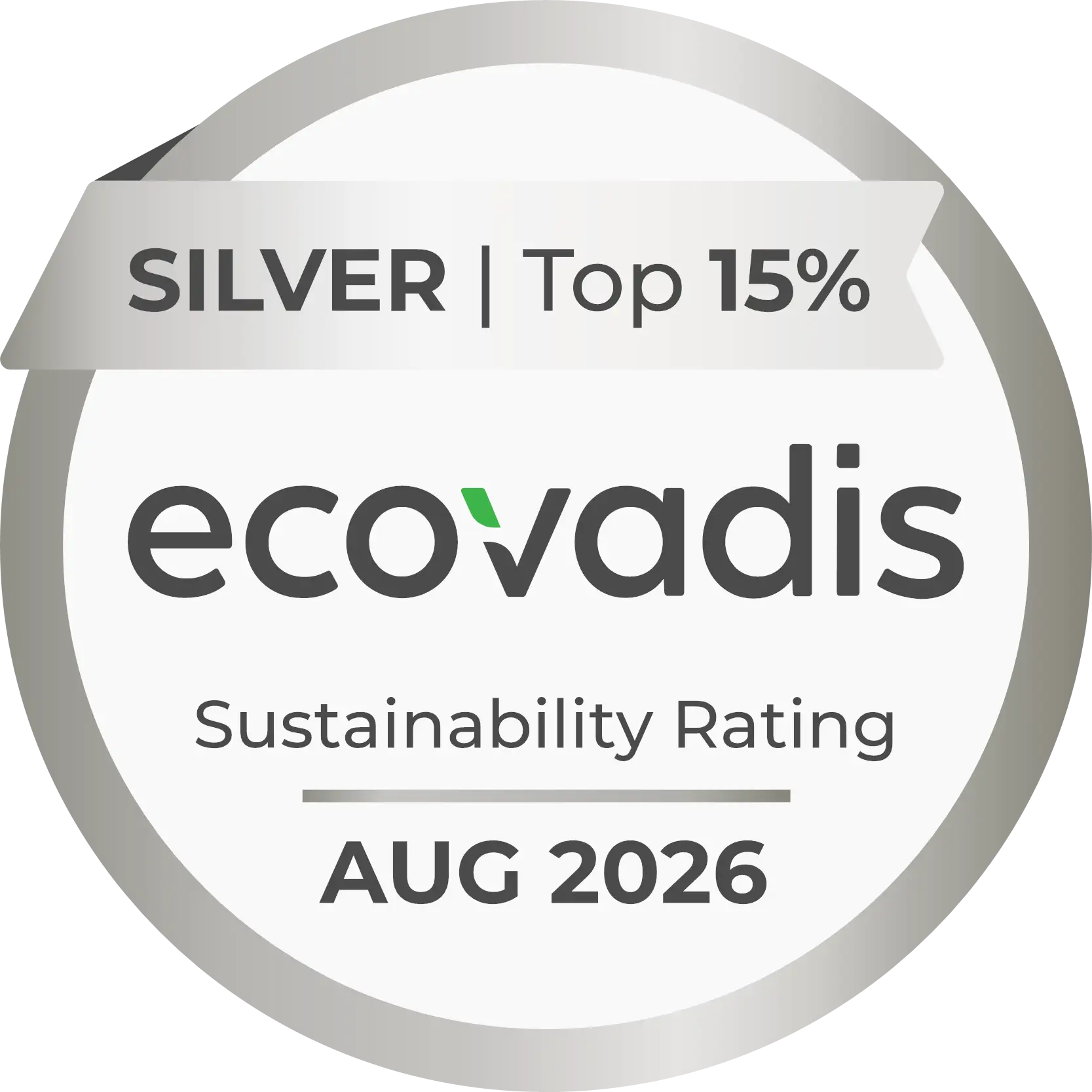 Badge EcoVadis Argent, Top 15%, récompense de développement durable obtenue en août 2026